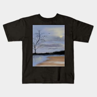 Cloudy beach scene with lone tree and nesting birds Kids T-Shirt